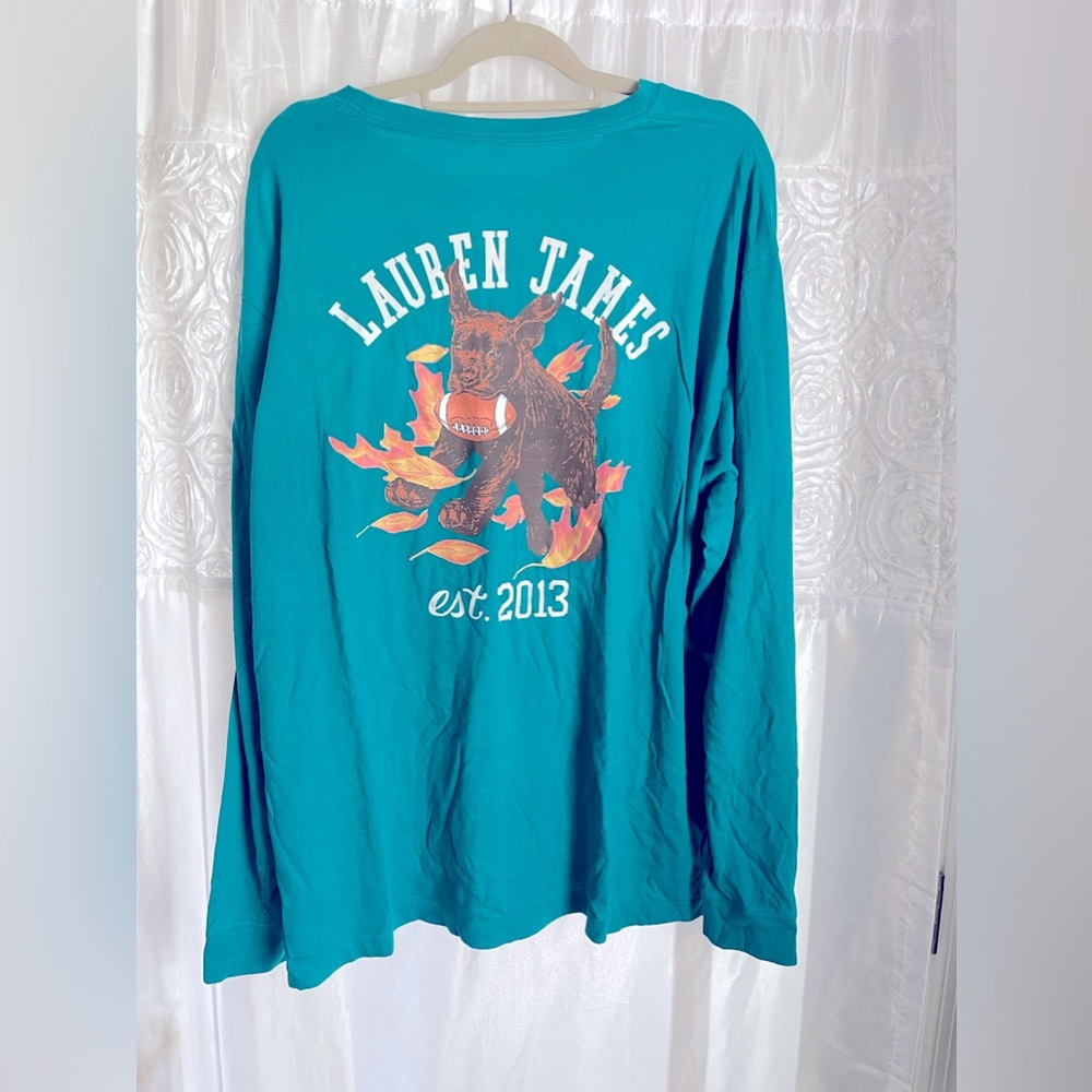 NWOT Preppy Teal, Blue Lauren James Fall Leaf Dog Football long sleeve shirt